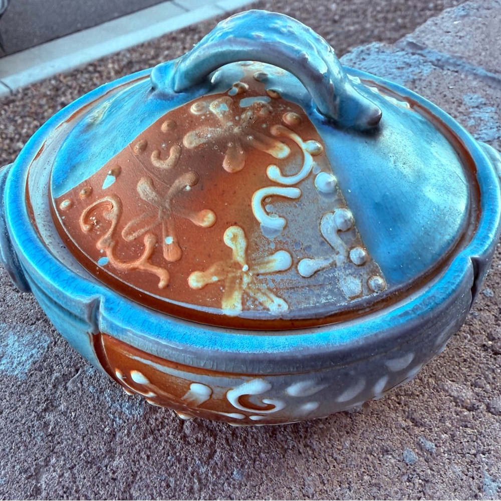 Handmade Studio Art Pottery Lidded Bowl | Turquoise & Amber Glaze LKW